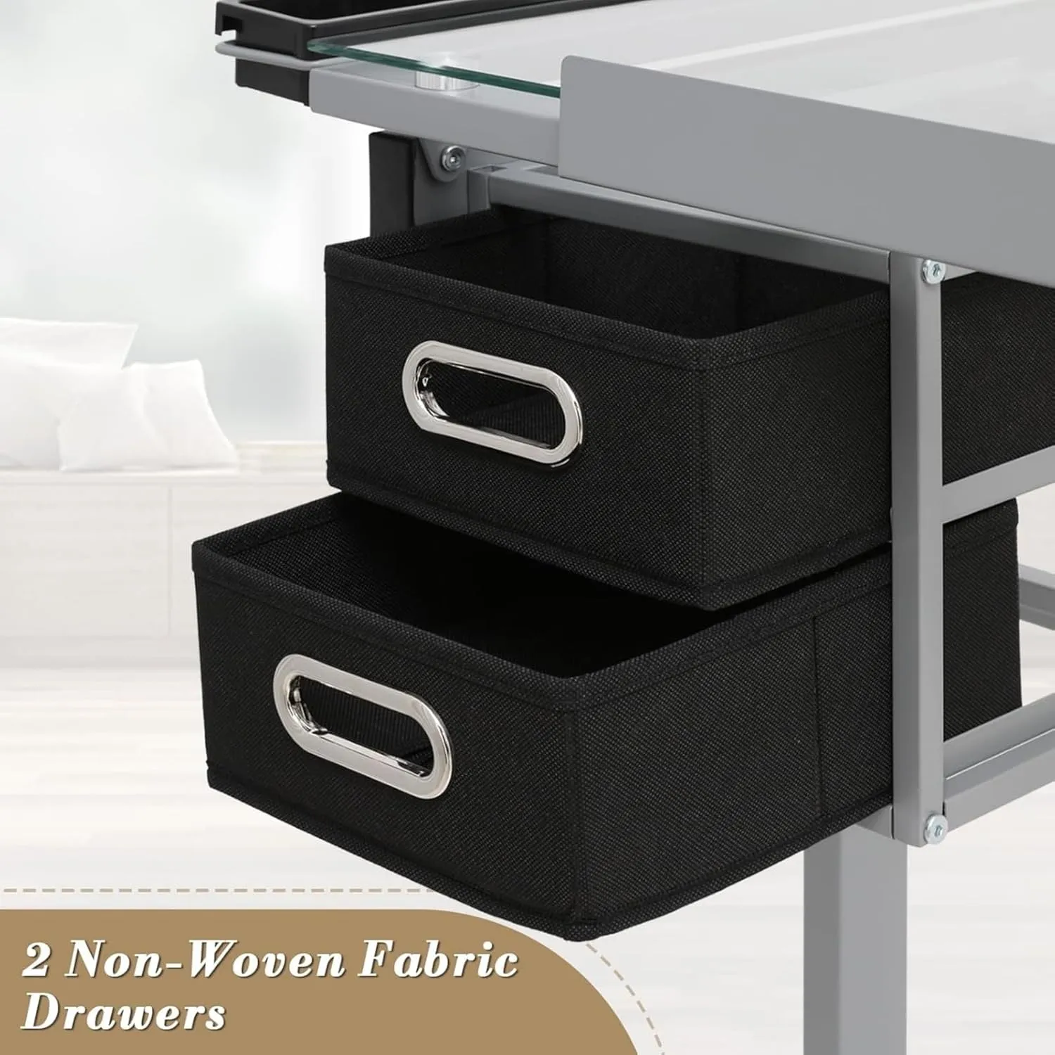 Adjustable Tilting Board Art Drawing Desk Craft Station Tempered Glass Drafting Printing Table Desk with 2 Non-Woven Fabric Slide Drawers and 4 Wheels for Home Office School
