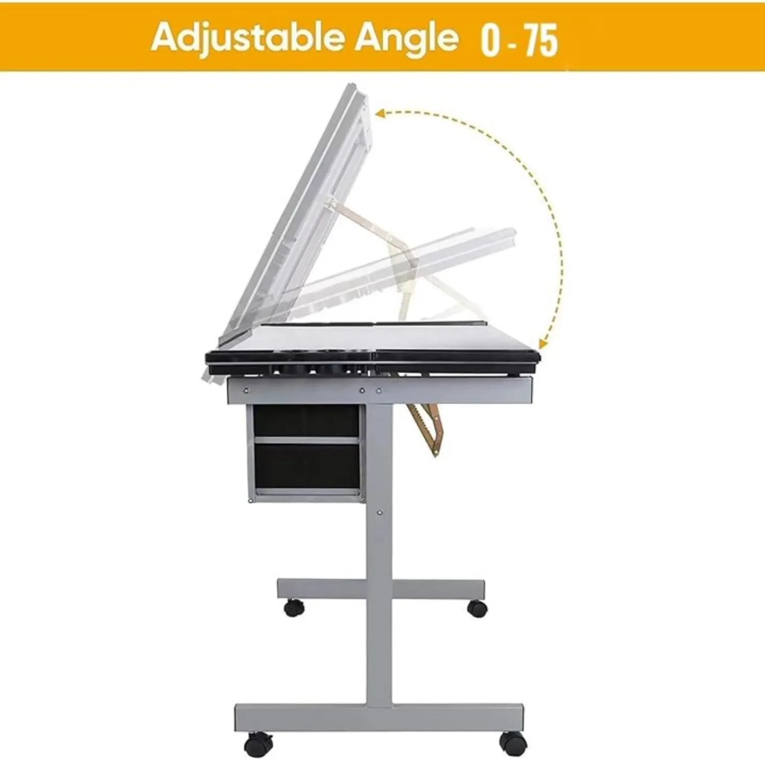 Adjustable Tilting Board Art Drawing Desk Craft Station Tempered Glass Drafting Printing Table Desk with 2 Non-Woven Fabric Slide Drawers and 4 Wheels for Home Office School