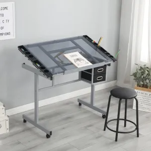 Adjustable Tilting Board Art Drawing Desk Craft Station Tempered Glass Drafting Printing Table Desk with 2 Non-Woven Fabric Slide Drawers and 4 Wheels for Home Office School