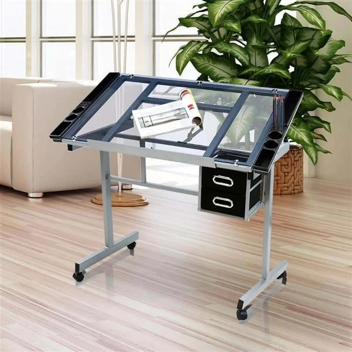 Adjustable Tilting Board Art Drawing Desk Craft Station Tempered Glass Drafting Printing Table Desk with 2 Non-Woven Fabric Slide Drawers and 4 Wheels for Home Office School