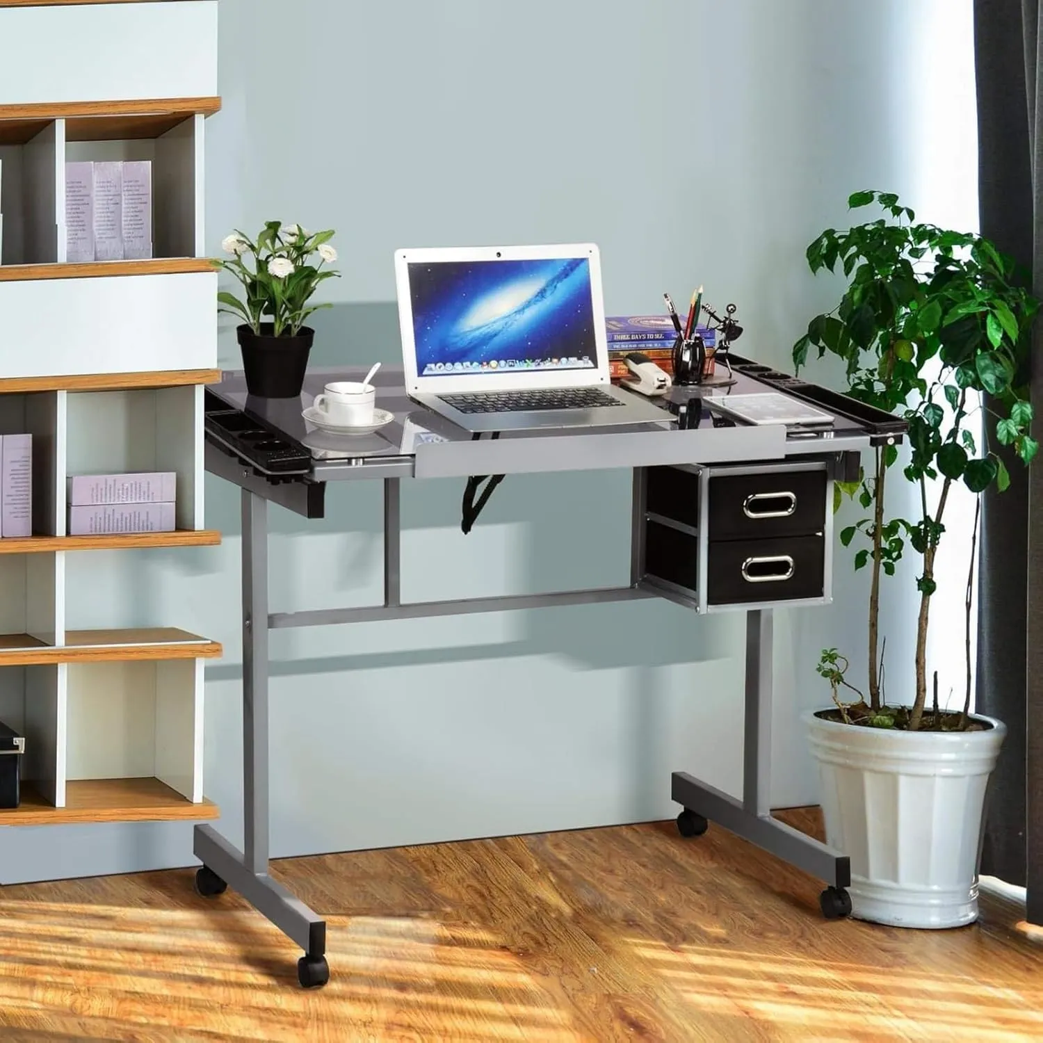 Adjustable Tilting Board Art Drawing Desk Craft Station Tempered Glass Drafting Printing Table Desk with 2 Non-Woven Fabric Slide Drawers and 4 Wheels for Home Office School