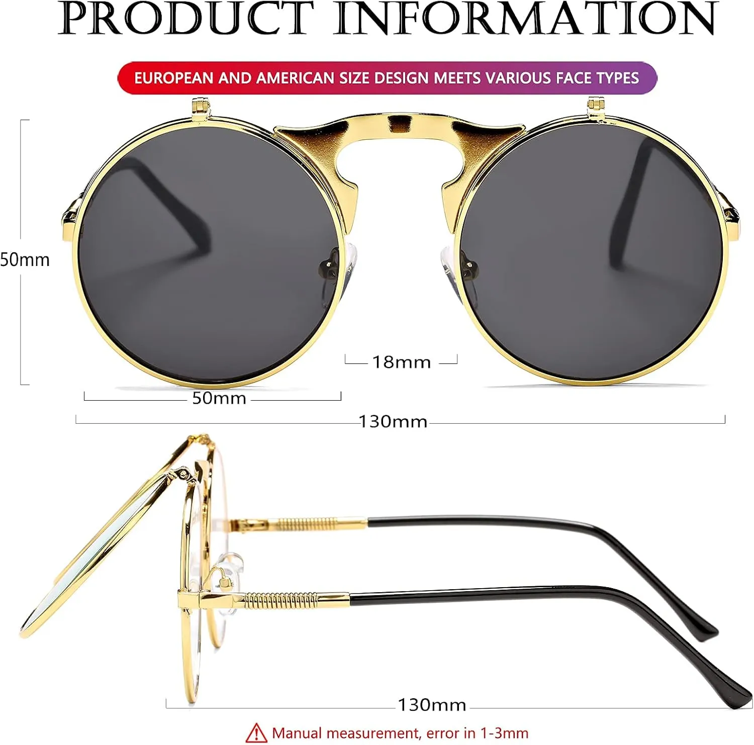 AIEYEZO Round Flip Up Sunglasses for Men and Women Rave Flip Glasses 90's Retro Steampunk Style