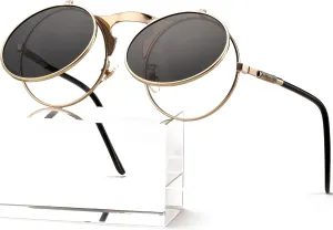 AIEYEZO Round Flip Up Sunglasses for Men and Women Rave Flip Glasses 90's Retro Steampunk Style