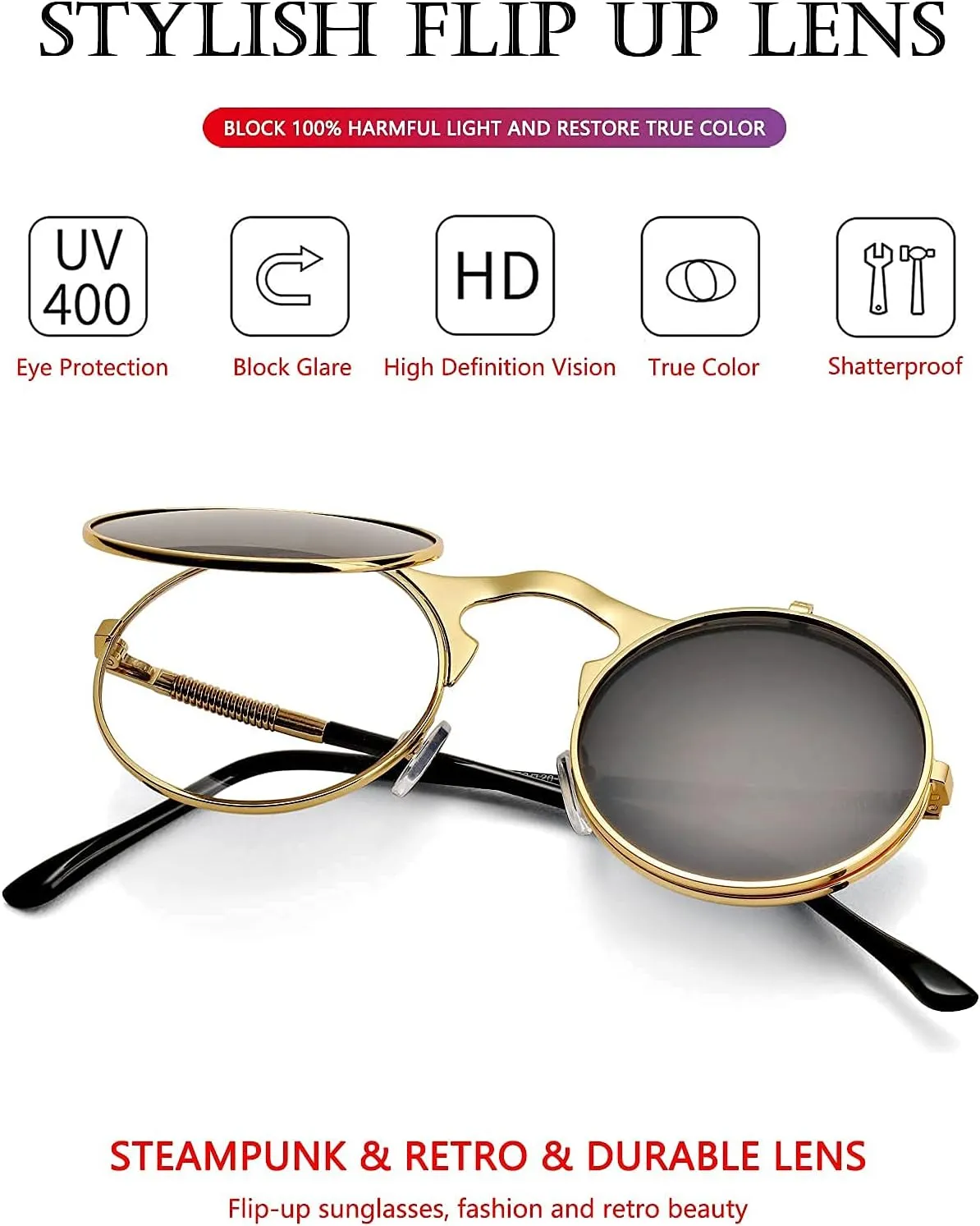 AIEYEZO Round Flip Up Sunglasses for Men and Women Rave Flip Glasses 90's Retro Steampunk Style