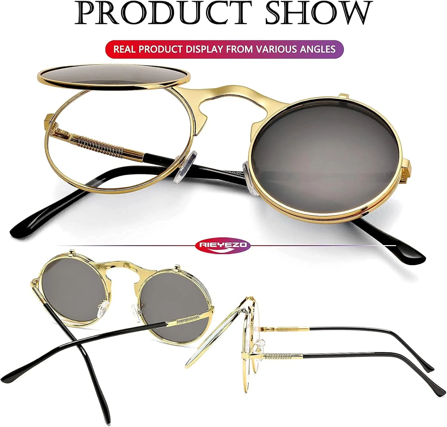 AIEYEZO Round Flip Up Sunglasses for Men and Women Rave Flip Glasses 90's Retro Steampunk Style