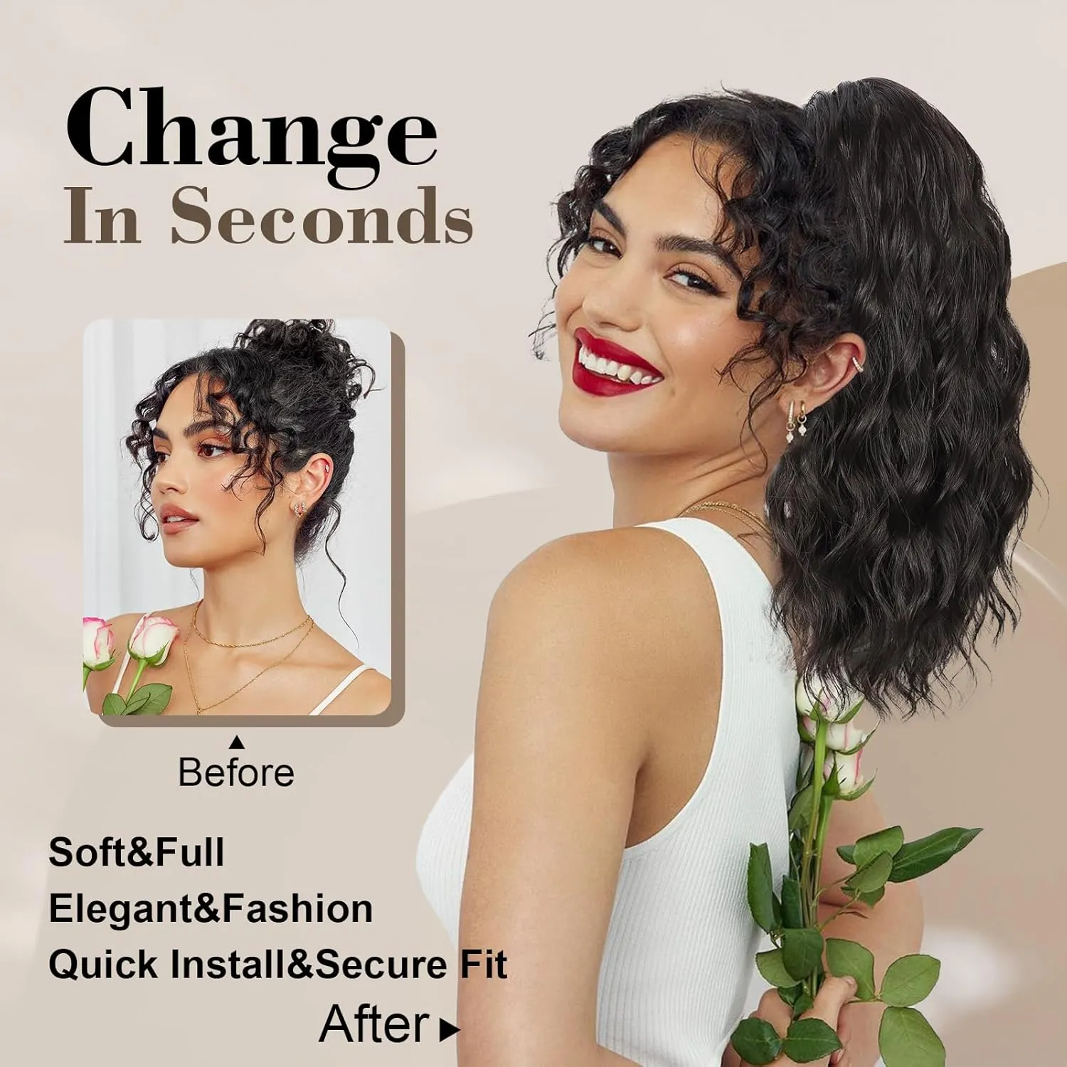 AISI BEAUTY Ponytail Extension 18 Inch Curly Drawstring Ponytail for Women Clip in Synthetic Pony Tail Hairpiece for Daily Party Use(8T16)