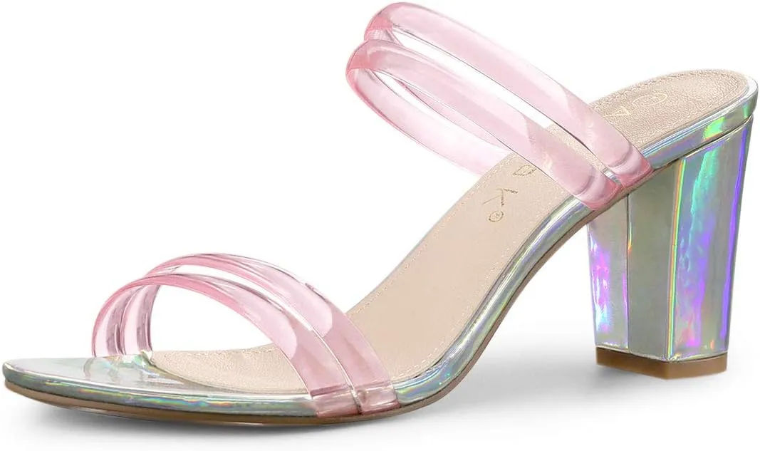 Allegra K Women's Clear Strappy Heel Slide Mule Block Heel Sandal