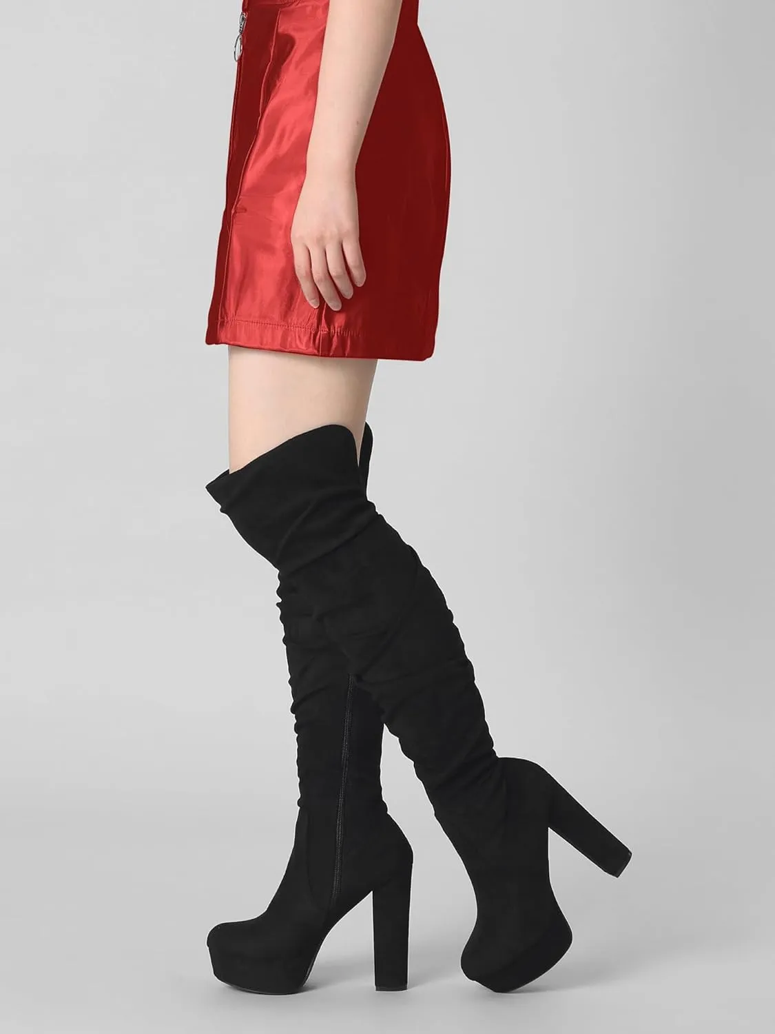 Allegra K Women's Platform Round Toe Zipper Slouch Heel Over the Knee Thigh High Boots