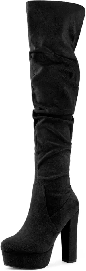 Allegra K Women's Platform Round Toe Zipper Slouch Heel Over the Knee Thigh High Boots