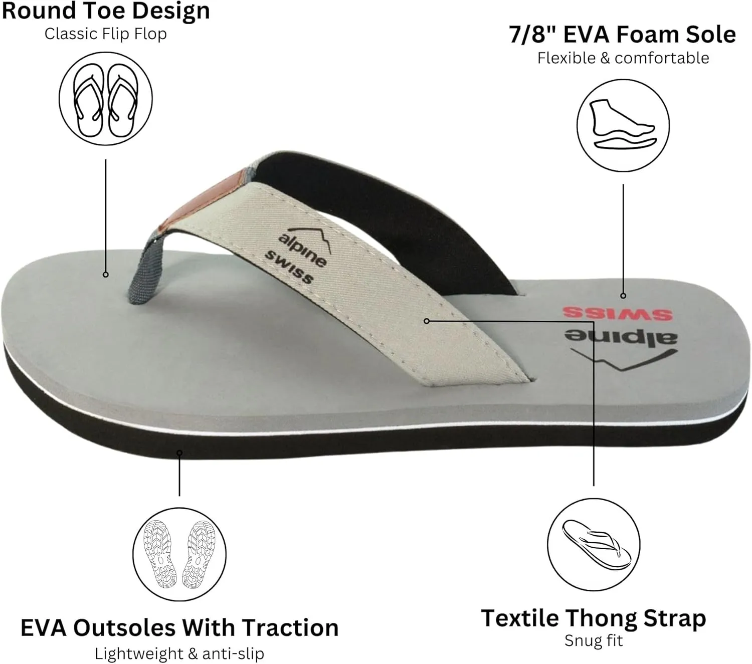 Alpine Swiss Mens Flip Flops | Lightweight Thong Sandals | Beach Sandals with EVA Sole for Comfort | Stylish Durable Flip Flops for Men Perfect for Casual Wear, Pool, and Outdoor Activities