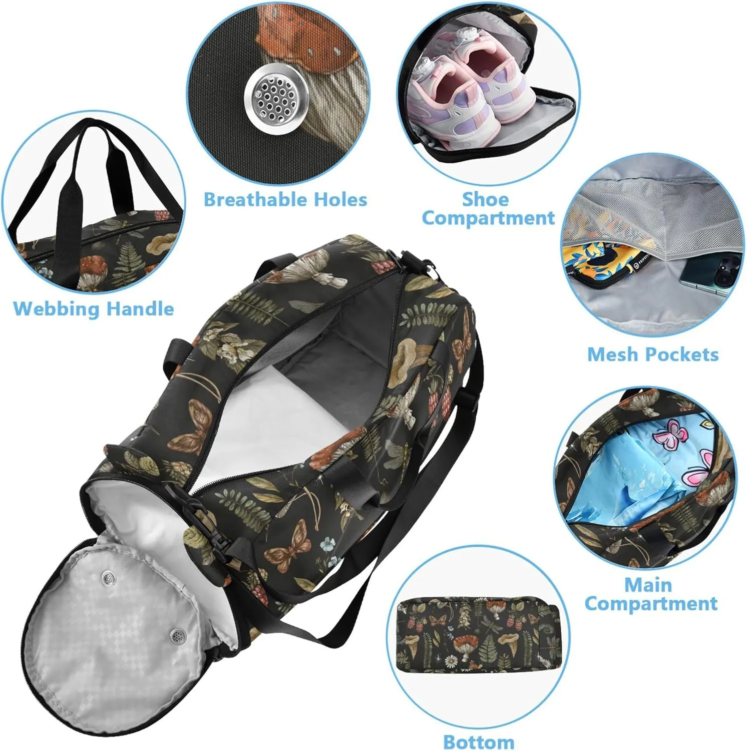 Amanita Mushroom Fern Gym Duffel Bag with Shoes Compartment Lightweight Kids Overnight Duffel Bag for School Practice, Sports, Travel
