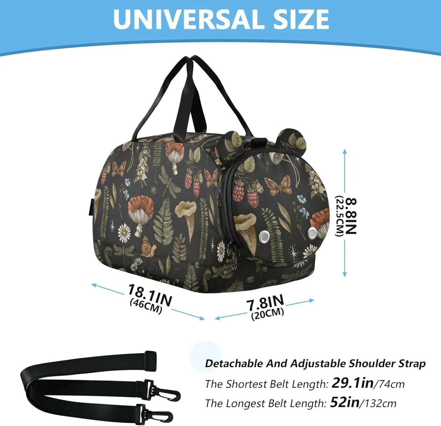 Amanita Mushroom Fern Gym Duffel Bag with Shoes Compartment Lightweight Kids Overnight Duffel Bag for School Practice, Sports, Travel