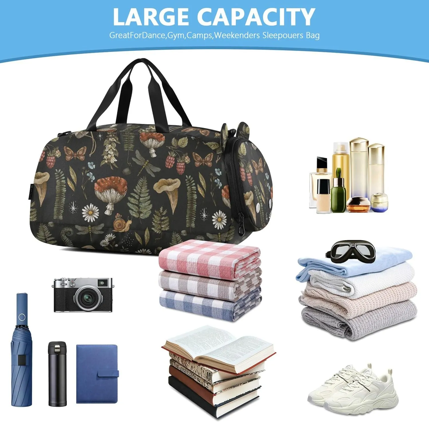 Amanita Mushroom Fern Gym Duffel Bag with Shoes Compartment Lightweight Kids Overnight Duffel Bag for School Practice, Sports, Travel