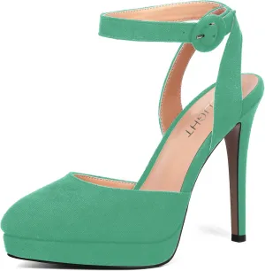 AMBELIGHT Womens Buckle Round Toe Suede Ankle Strap Solid Wedding Dress Platform Stiletto High Heel Pumps Shoes 4.7 Inch