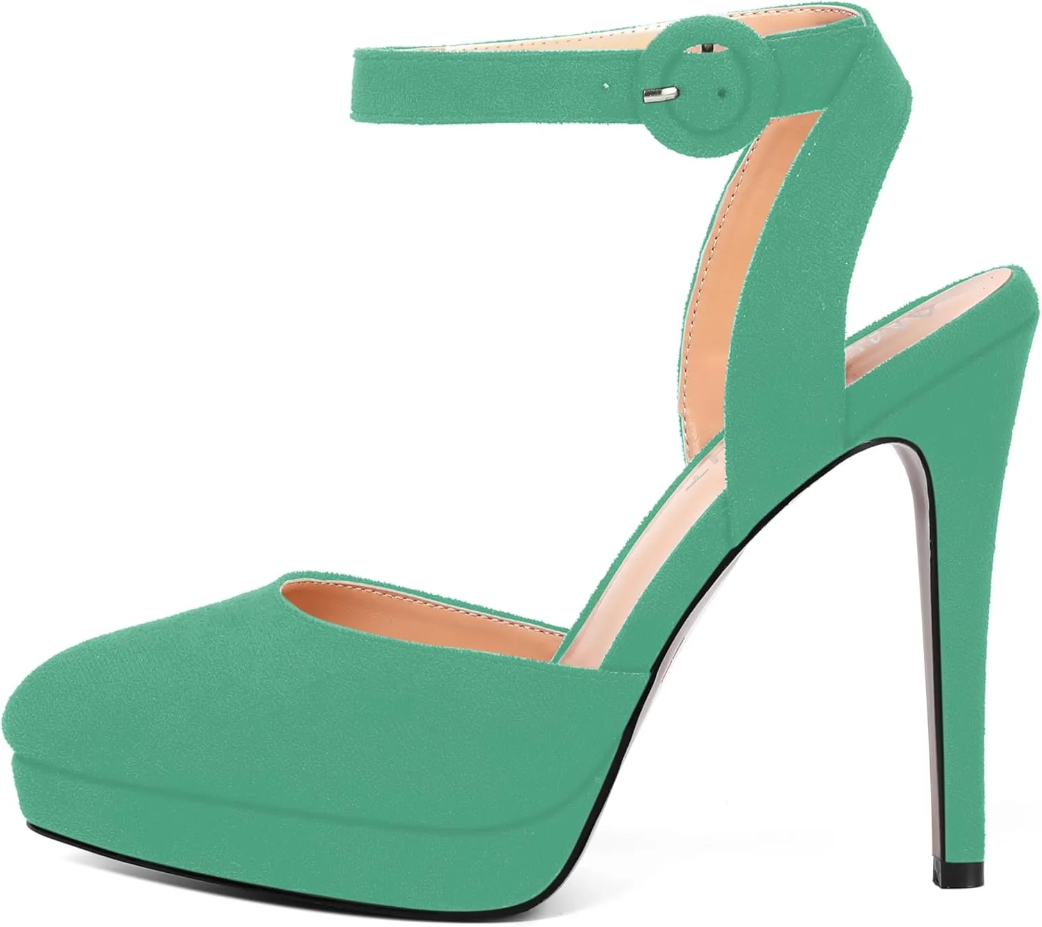 AMBELIGHT Womens Buckle Round Toe Suede Ankle Strap Solid Wedding Dress Platform Stiletto High Heel Pumps Shoes 4.7 Inch