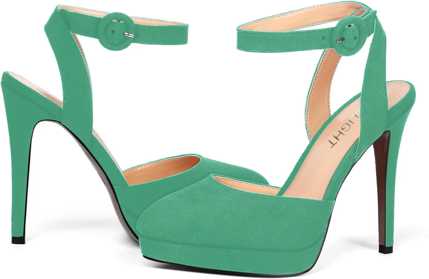 AMBELIGHT Womens Buckle Round Toe Suede Ankle Strap Solid Wedding Dress Platform Stiletto High Heel Pumps Shoes 4.7 Inch