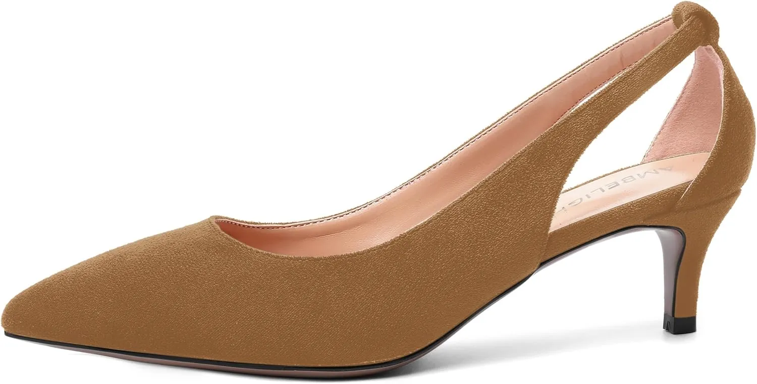 AMBELIGHT Womens Slip On Suede Pointed Toe Casual Office Kitten Low Heel Pumps Shoes 2 Inch