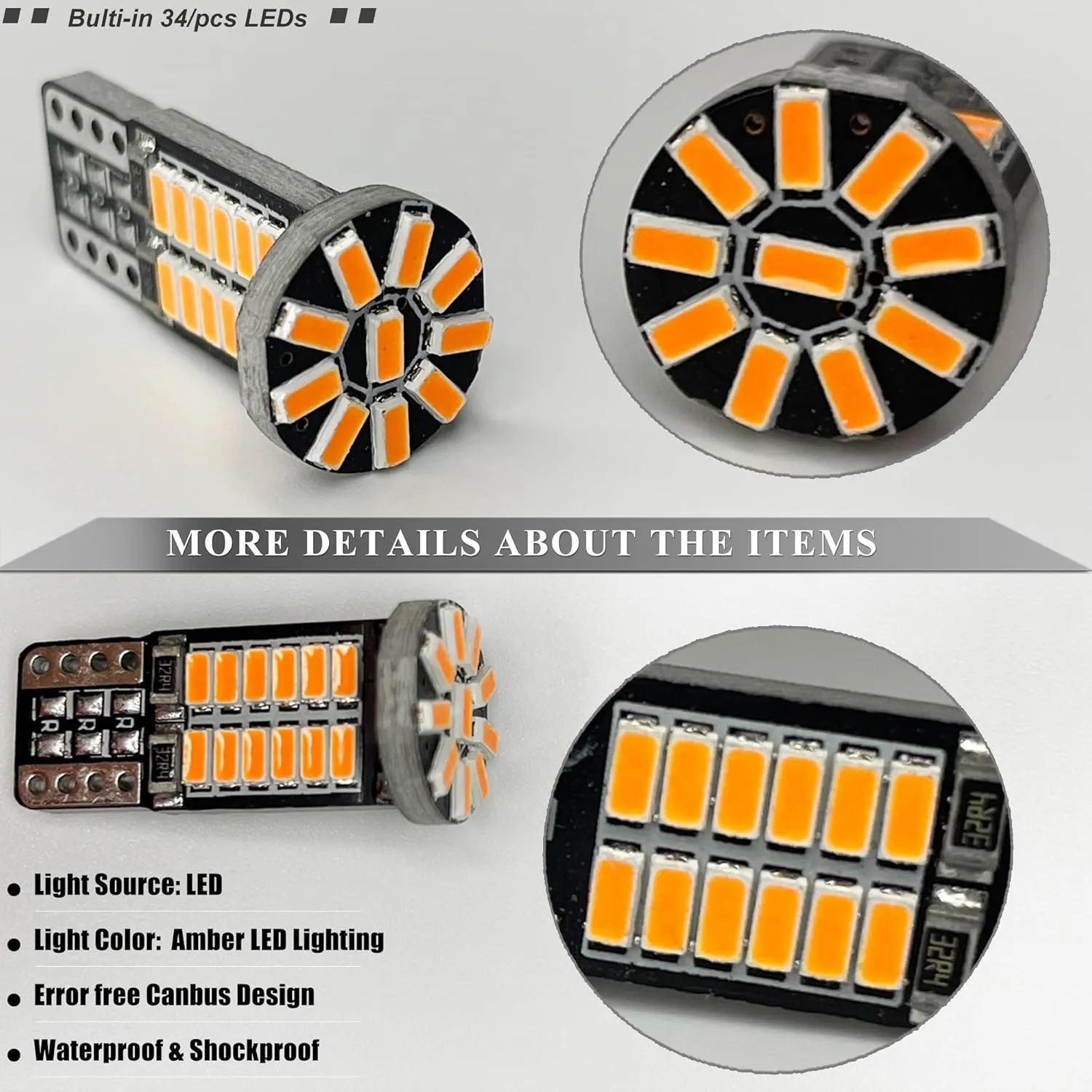 Amber LED Cab Roof Marker Lights Bulbs for RAM 2014-2024 ProMaster 1500, ProMaster 2500, ProMaster 3500 Front Top Clearance Marker Running Lamps, 5pcs Yellow LED OEM Bulbs Replacement