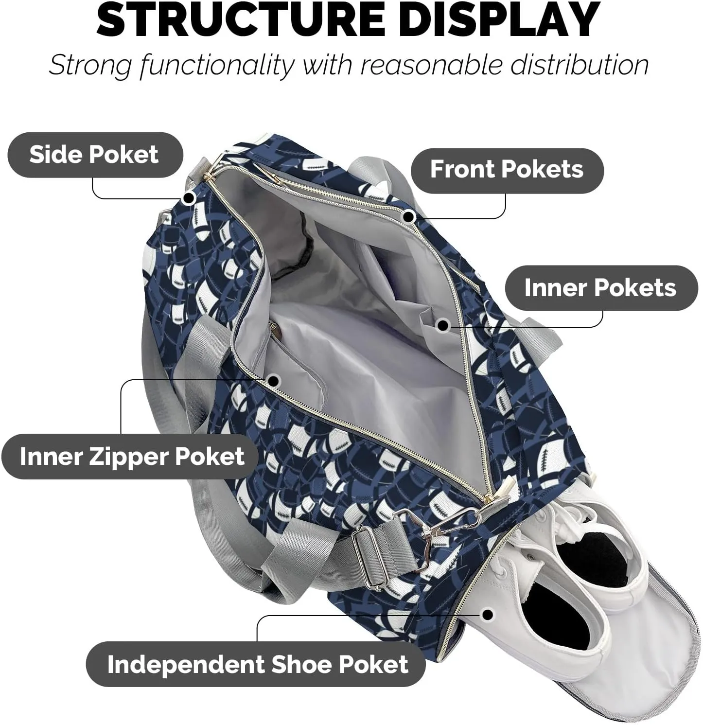American Football Navy White Shoe Bag Travel Bag Duffel Bag Adjustable Shoulder Strap Perform Training for Women Men