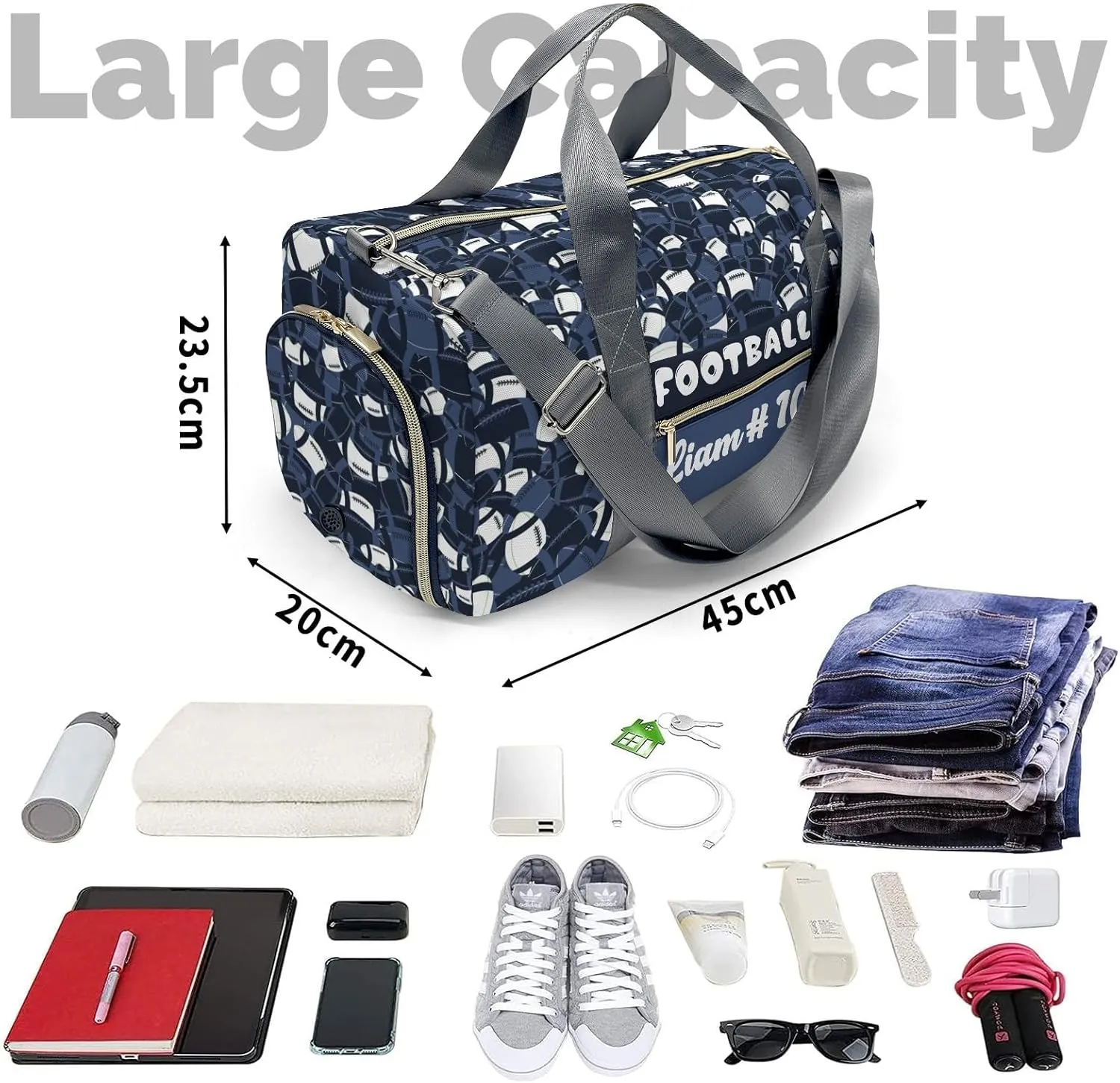 American Football Navy White Shoe Bag Travel Bag Duffel Bag Adjustable Shoulder Strap Perform Training for Women Men