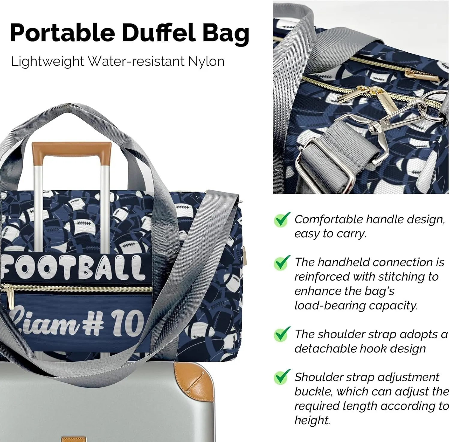American Football Navy White Shoe Bag Travel Bag Duffel Bag Adjustable Shoulder Strap Perform Training for Women Men