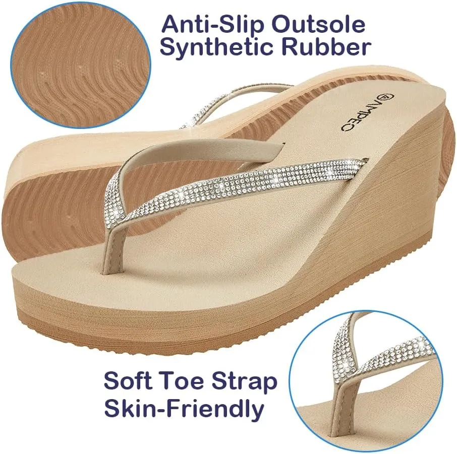 Ampeo Women's Wedge Sandals Rhinestone Thong Platform Flip Flops