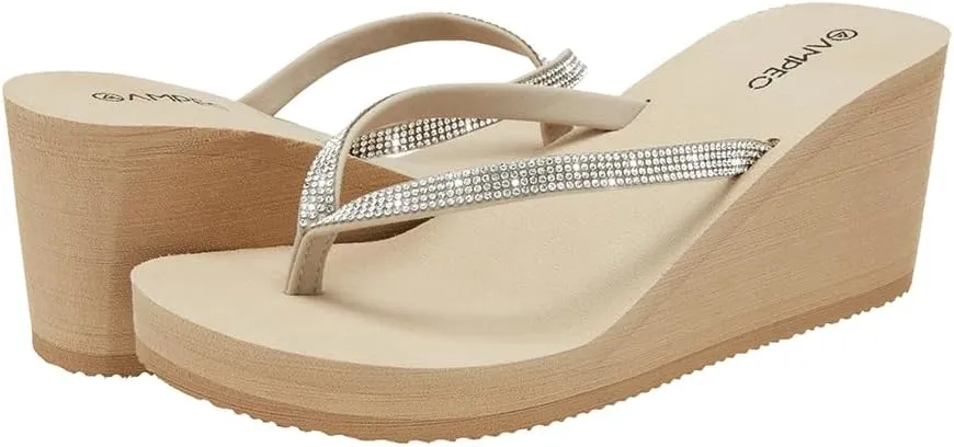 Ampeo Women's Wedge Sandals Rhinestone Thong Platform Flip Flops