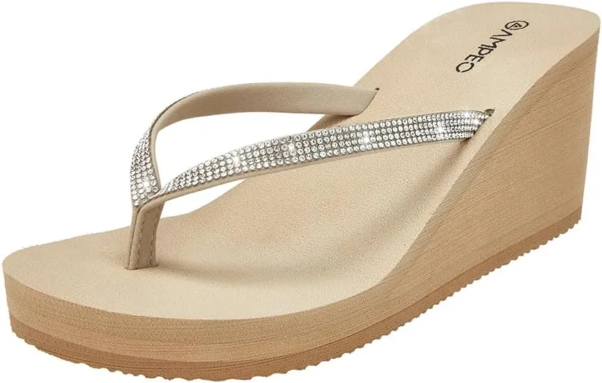 Ampeo Women's Wedge Sandals Rhinestone Thong Platform Flip Flops