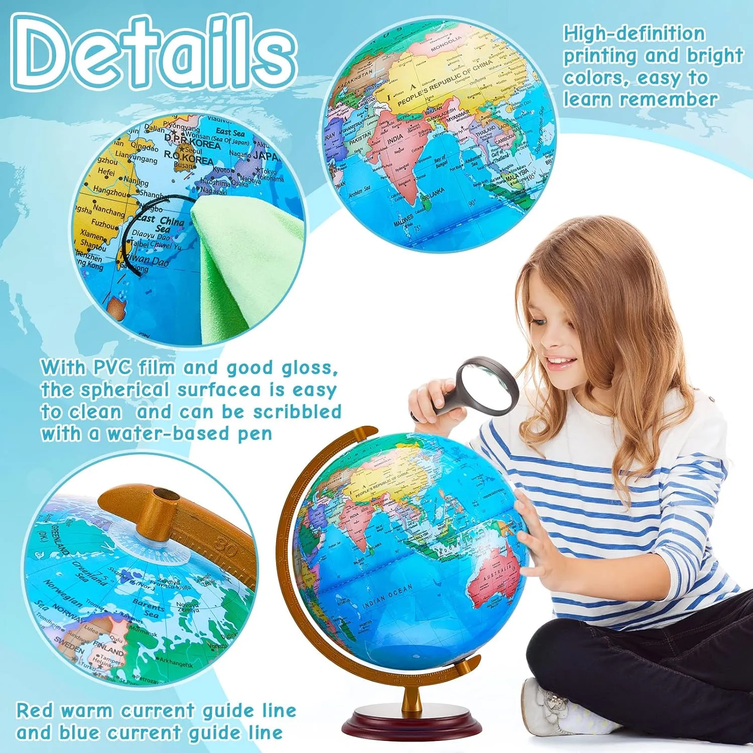Amylove 13'' Illuminated World Globe with Stand 720°/360° Rotation Rewritable Light Up Globe for Kid World Map for Interactive Learning Light with Base Lamp LED Decor(Wood,Classic)