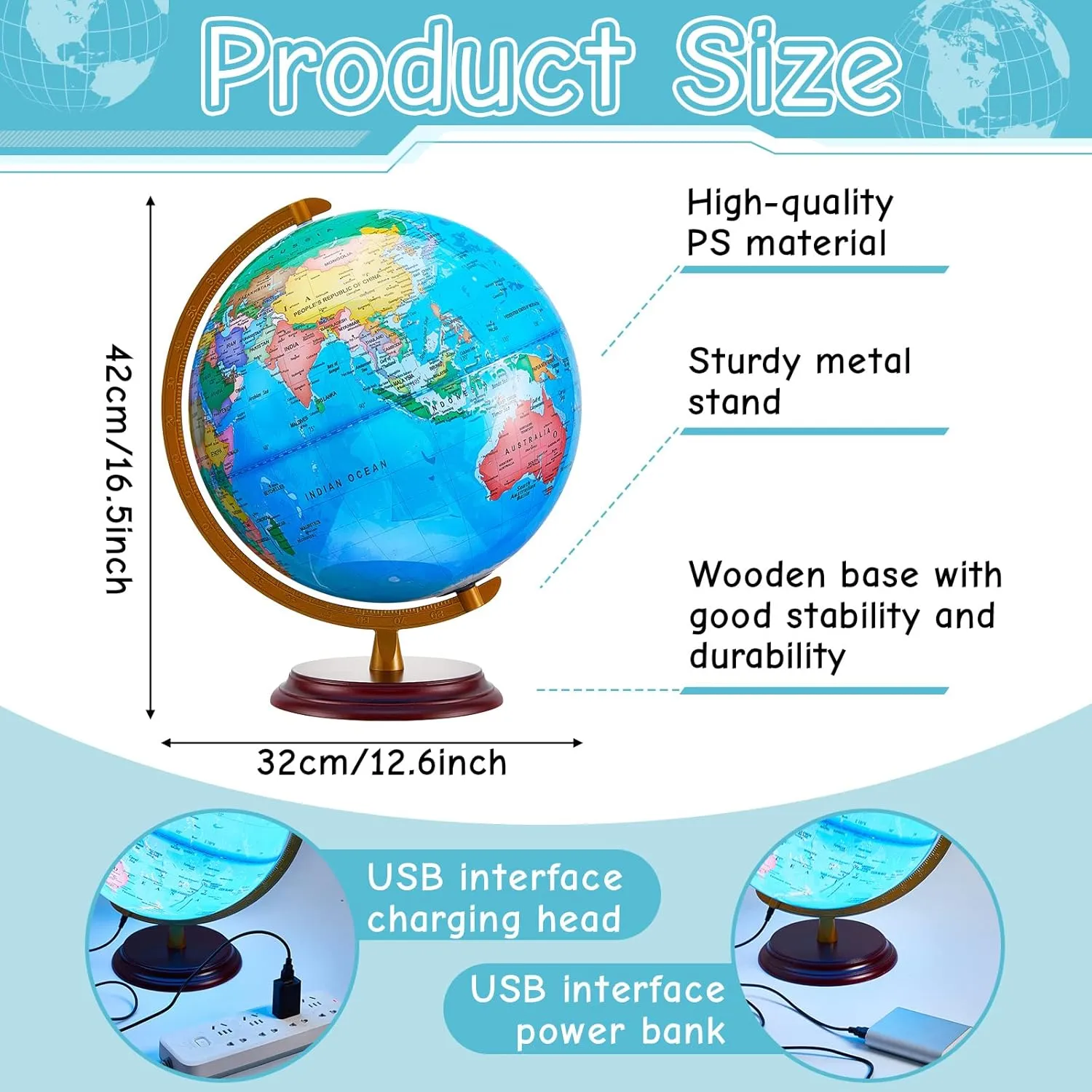 Amylove 13'' Illuminated World Globe with Stand 720°/360° Rotation Rewritable Light Up Globe for Kid World Map for Interactive Learning Light with Base Lamp LED Decor(Wood,Classic)