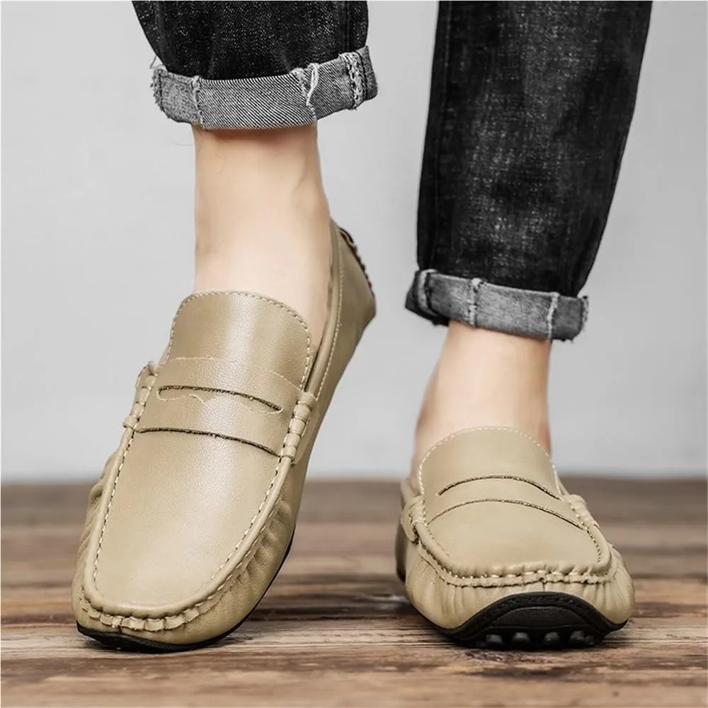 Anti-Slip Comfortable Fashion Outdoor Slip On Mens Loafers Solid Color Leather Driving Flat Heel Loafers