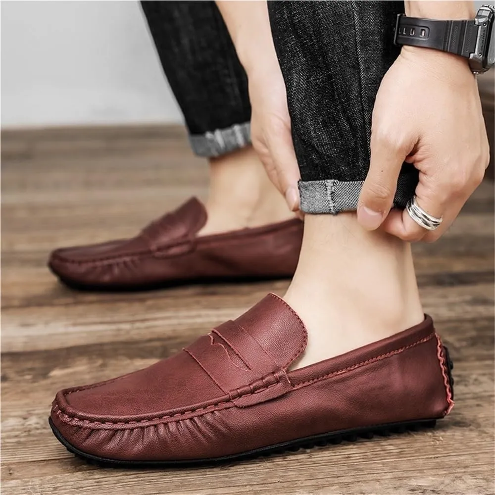 Anti-Slip Comfortable Fashion Outdoor Slip On Mens Loafers Solid Color Leather Driving Flat Heel Loafers