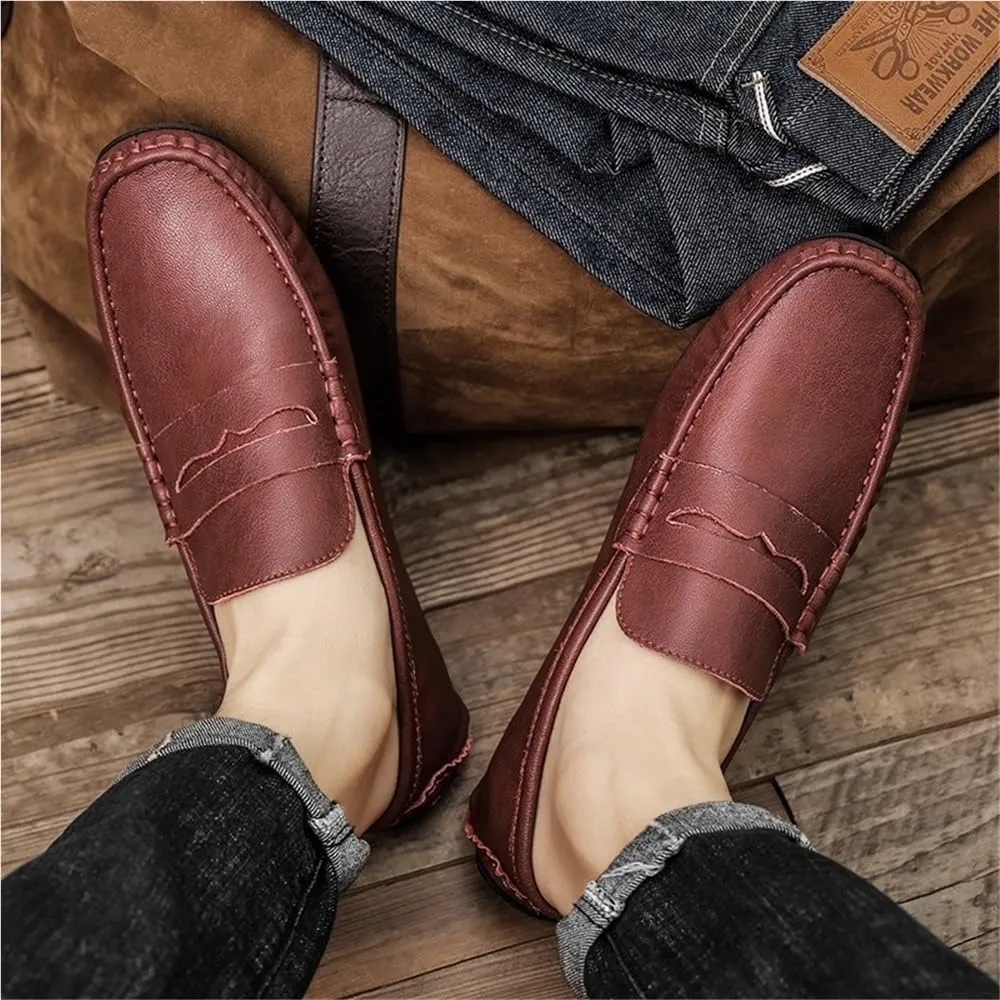 Anti-Slip Comfortable Fashion Outdoor Slip On Mens Loafers Solid Color Leather Driving Flat Heel Loafers