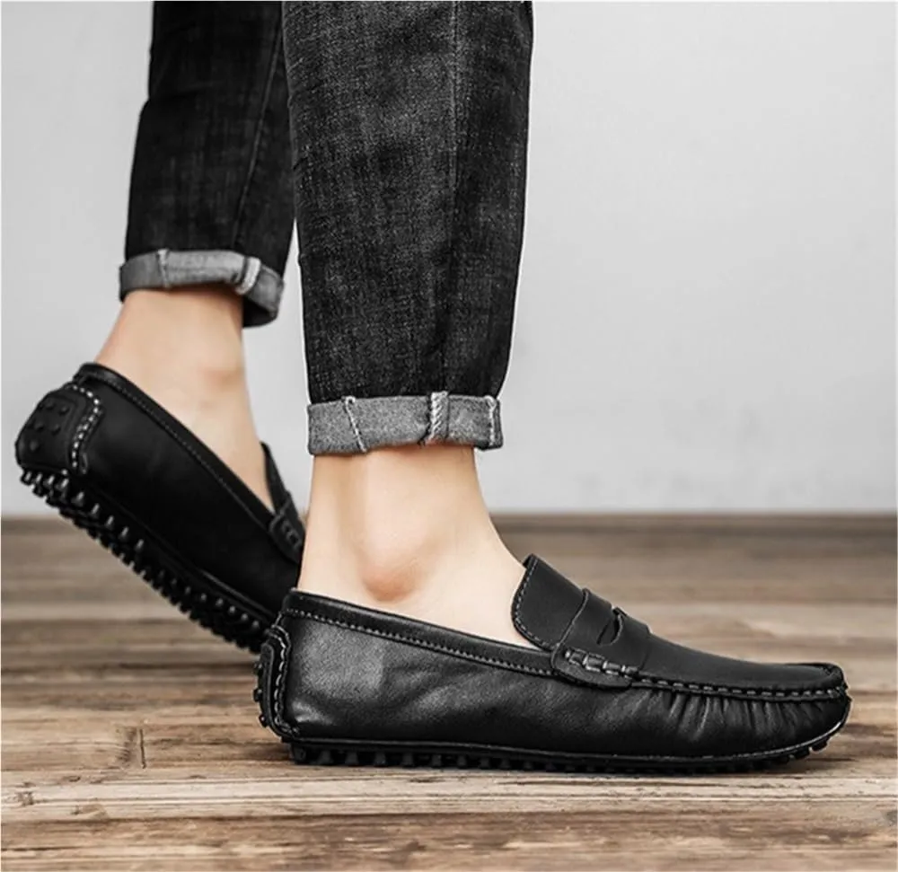 Anti-Slip Comfortable Fashion Outdoor Slip On Mens Loafers Solid Color Leather Driving Flat Heel Loafers