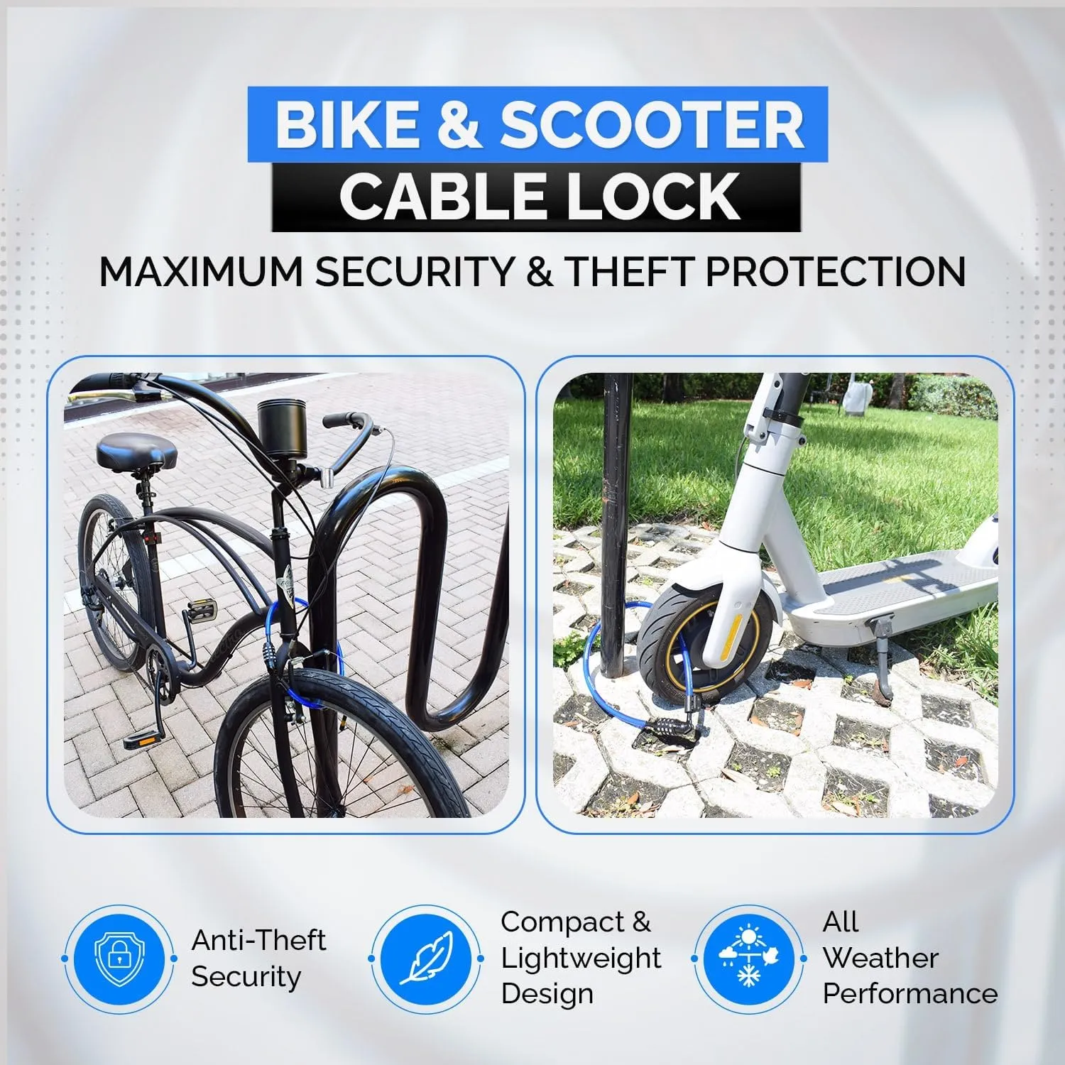 Anti-Theft Security Cable Lock, Blue, 2ft, Combination Lock, Weather Resistant, Portable