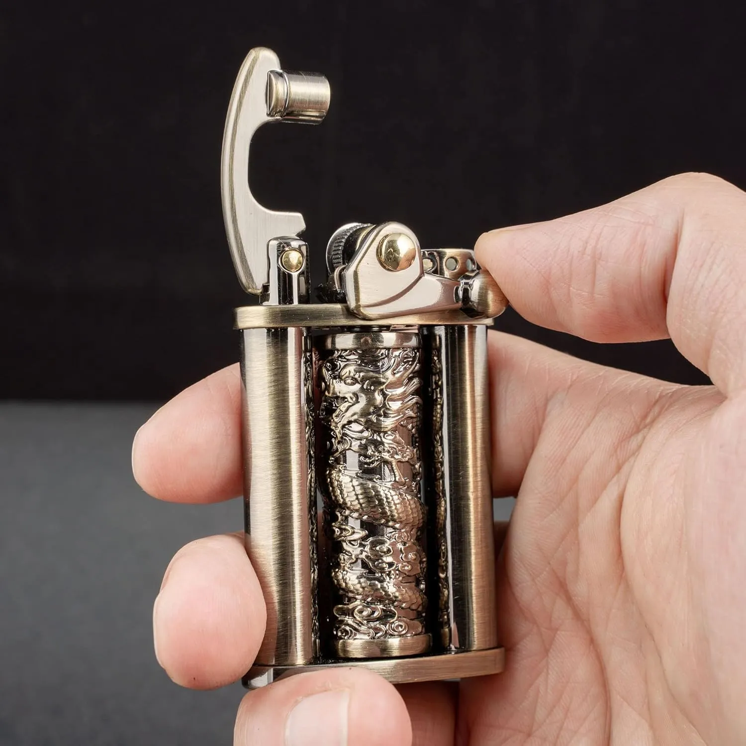 Antique Type Rotatable Dragon Pillar Soft Flame Rocker Arm Petrol Kerosene Lighter (Bronze)