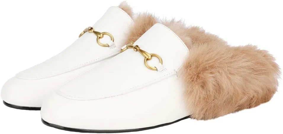 Arqa Fur Mules for Women Comfortable Leather Buckle Mule Flats Furry Padded Backless Loafers Casual Slides Shoes