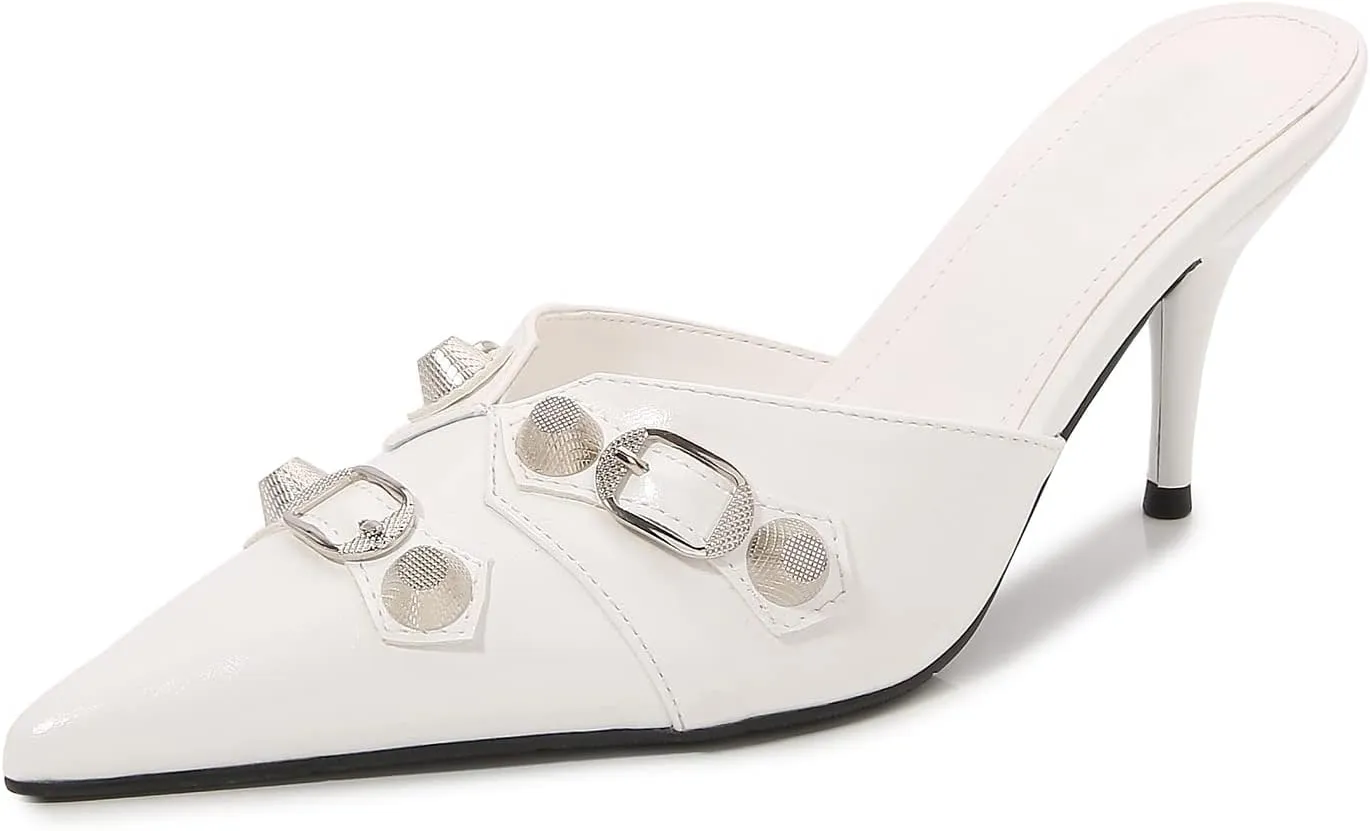 Arqa Heel Mules for Women,Rivet Studded 3.9 Inch Stiletto Heel Slippers