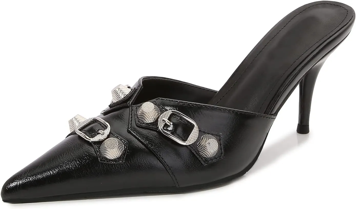 Arqa Heel Mules for Women,Rivet Studded 3.9 Inch Stiletto Heel Slippers