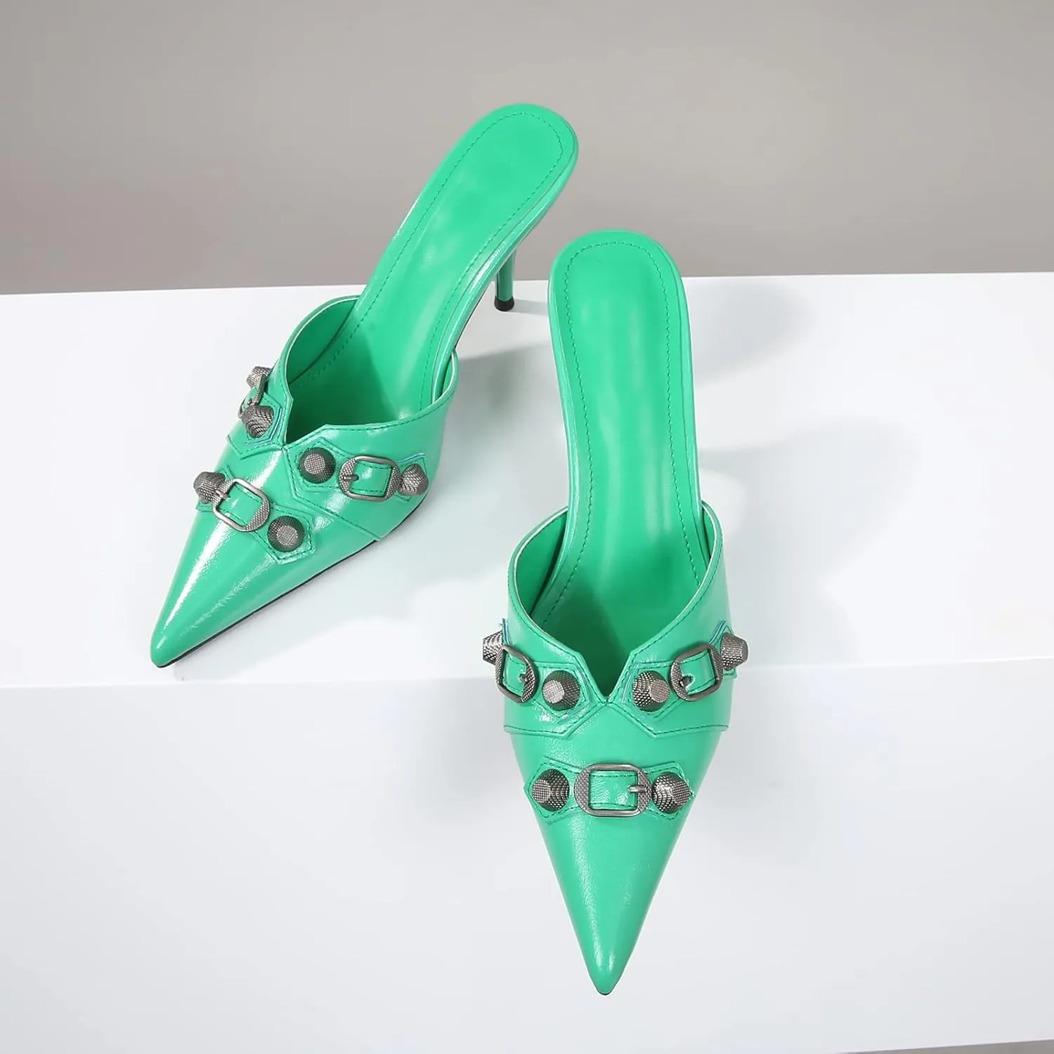 Arqa Heel Mules for Women,Rivet Studded 3.9 Inch Stiletto Heel Slippers