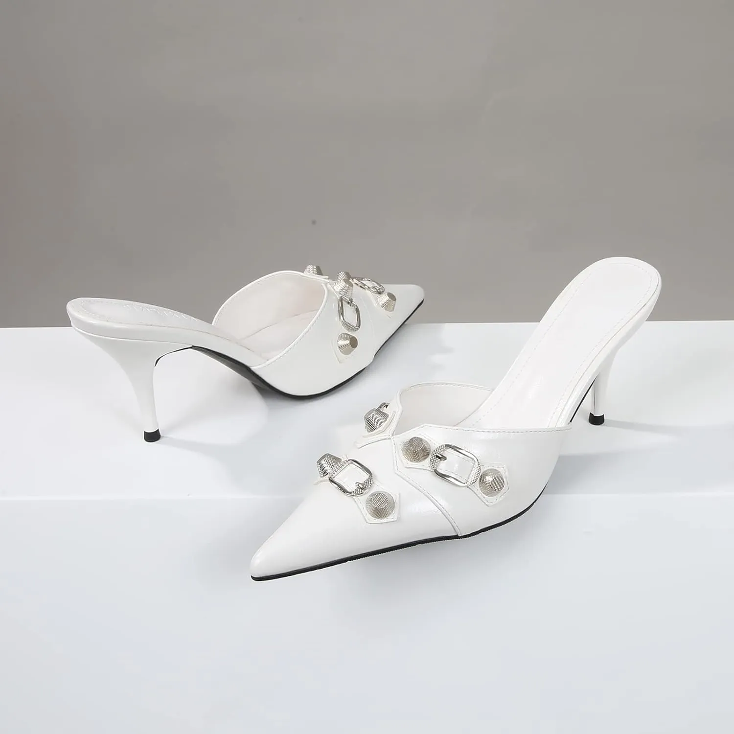 Arqa Heel Mules for Women,Rivet Studded 3.9 Inch Stiletto Heel Slippers