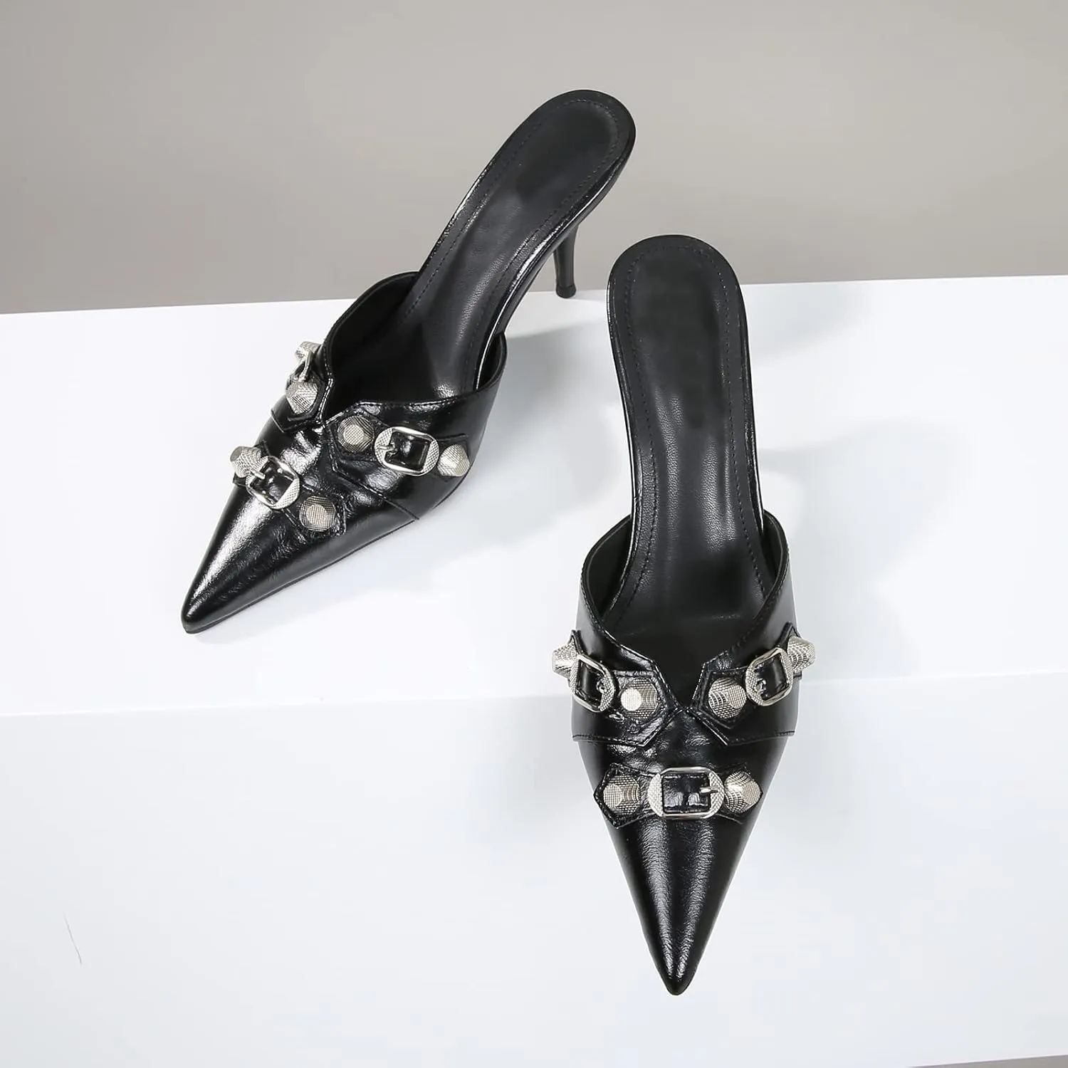 Arqa Heel Mules for Women,Rivet Studded 3.9 Inch Stiletto Heel Slippers