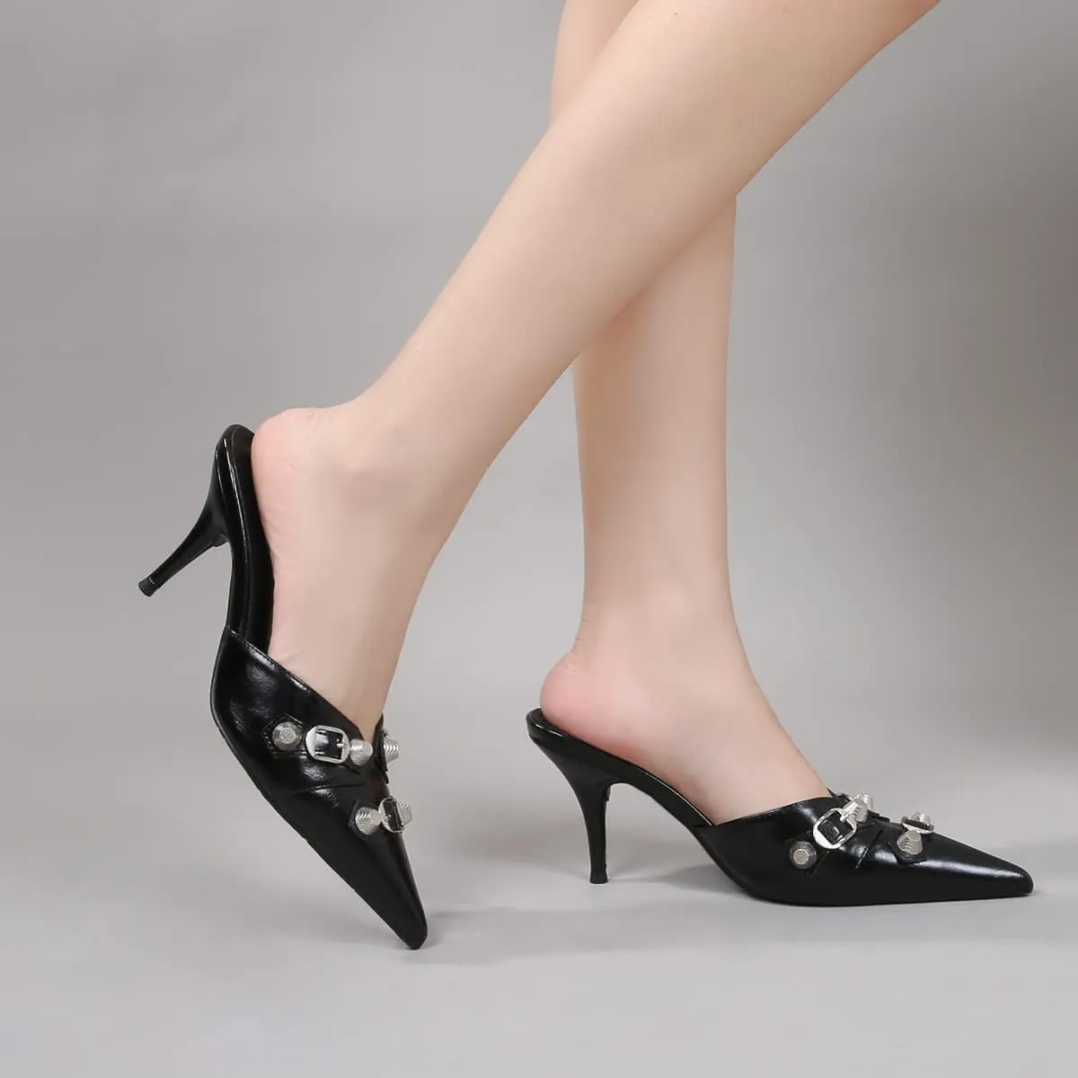 Arqa Heel Mules for Women,Rivet Studded 3.9 Inch Stiletto Heel Slippers