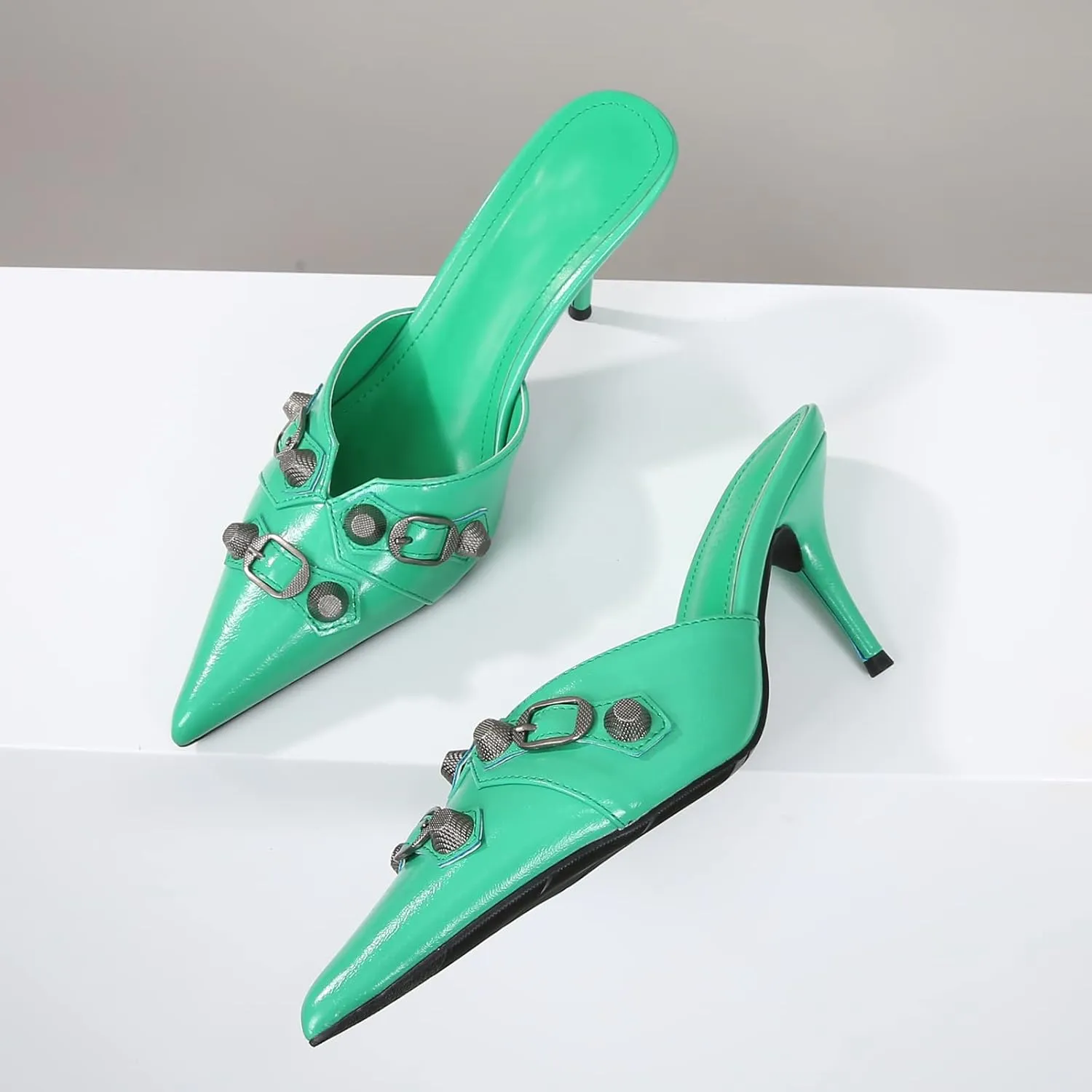 Arqa Heel Mules for Women,Rivet Studded 3.9 Inch Stiletto Heel Slippers