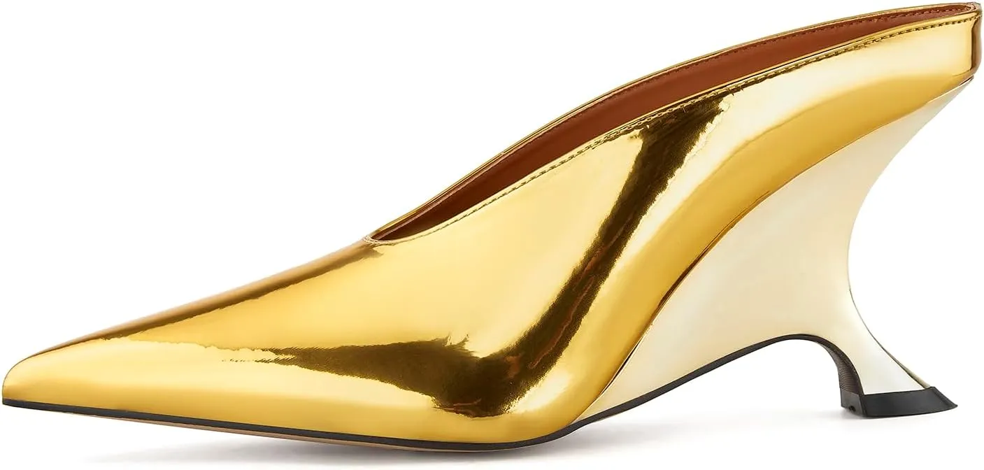 Arqa Metallic Leather Heeled Mules for Women Pointed Toe Wedge Heel Slide Sandals Slip-on Mule Heels Dressy Pumps