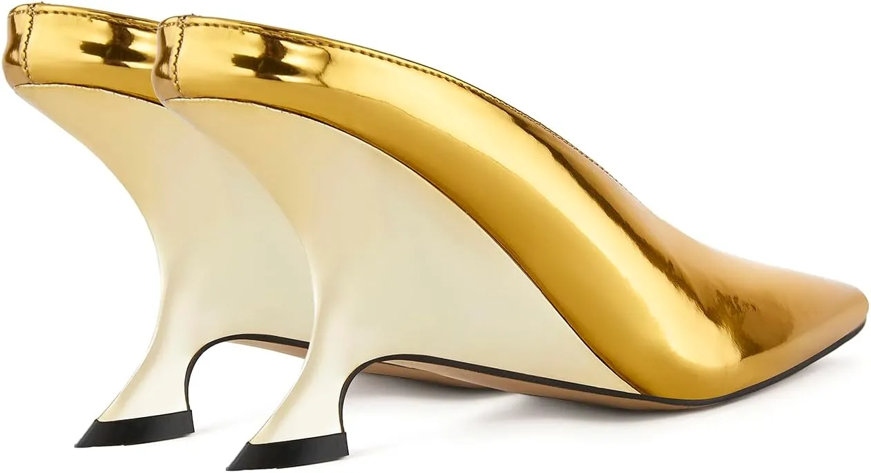 Arqa Metallic Leather Heeled Mules for Women Pointed Toe Wedge Heel Slide Sandals Slip-on Mule Heels Dressy Pumps