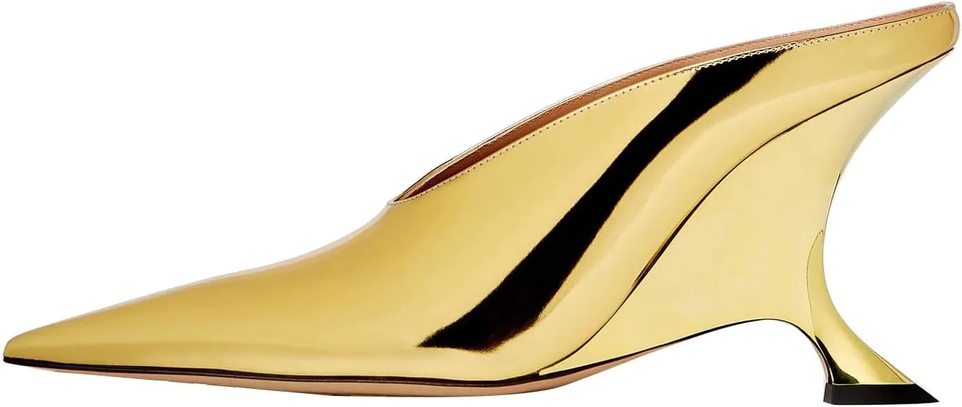 Arqa Metallic Leather Heeled Mules for Women Pointed Toe Wedge Heel Slide Sandals Slip-on Mule Heels Dressy Pumps