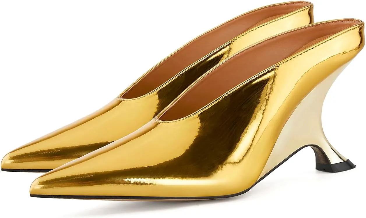 Arqa Metallic Leather Heeled Mules for Women Pointed Toe Wedge Heel Slide Sandals Slip-on Mule Heels Dressy Pumps