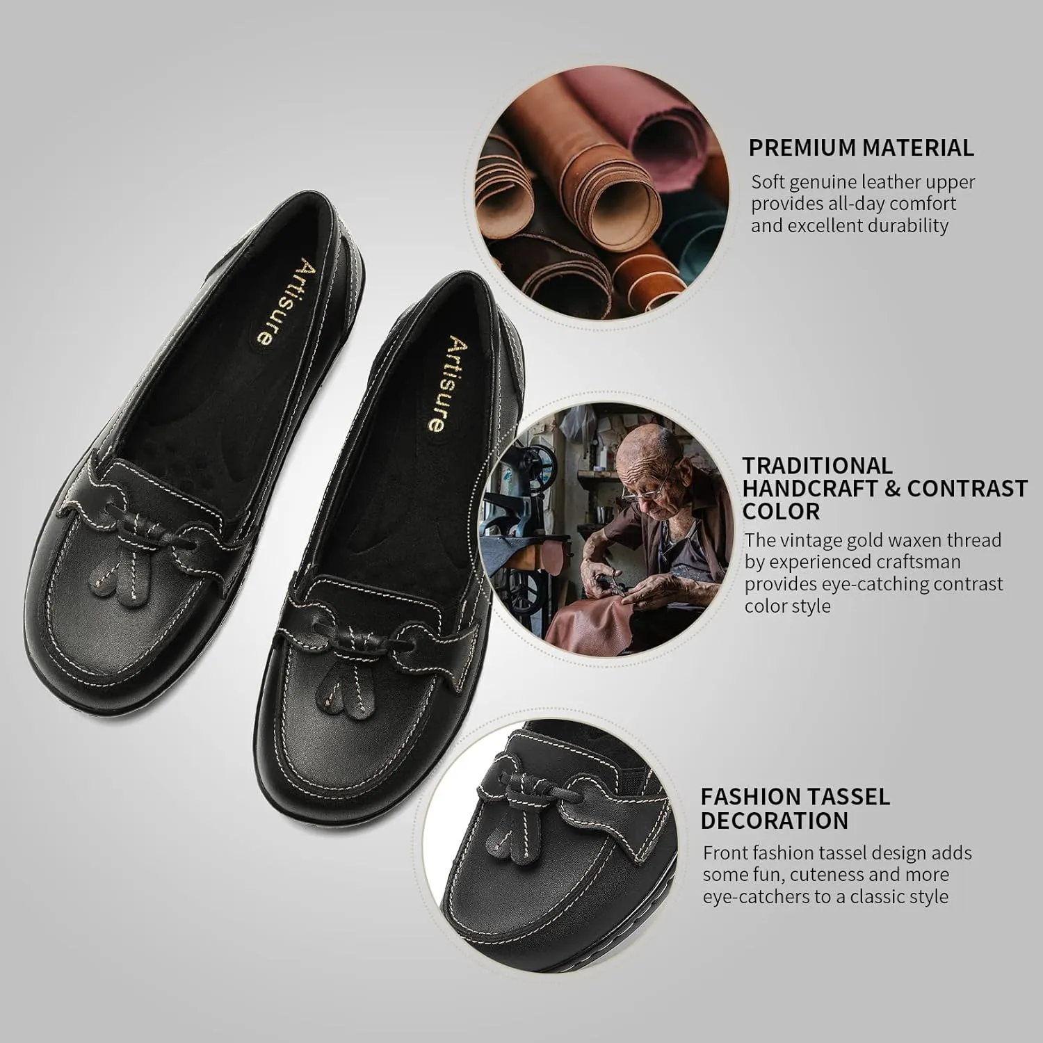 Artisure Women's Classic Comfort Leather Loafers Casual Slip-Ons Stylish Tassel Dress Shoes Cute Work Office Flats Everyday Walking Shoes