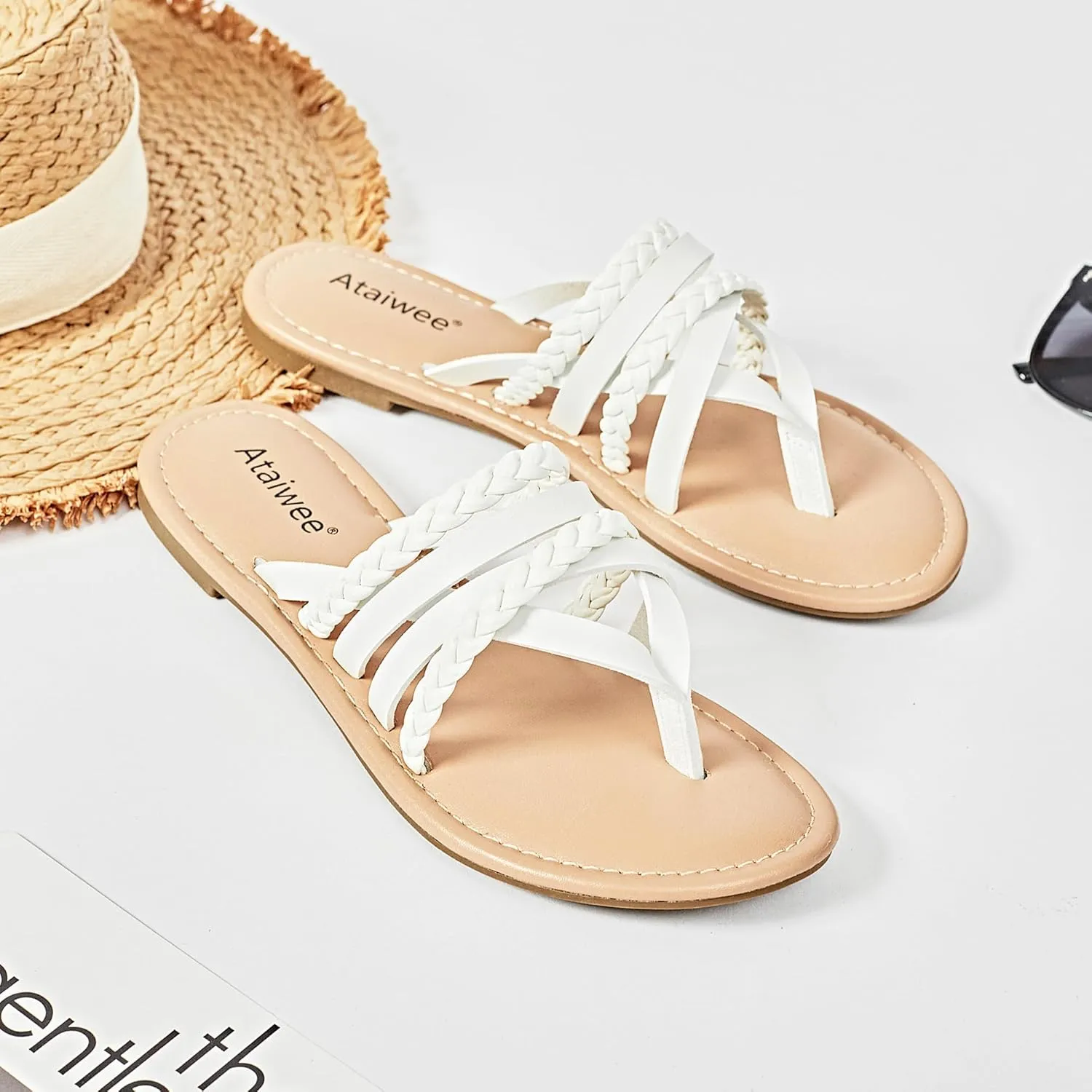 Ataiwee Women's Slide Flat Sandals - Comfortable Slip On Plait Toe Thong Strappy Spring Summer Shoes.